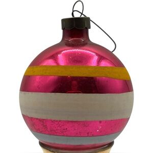 ANTIQUE VINTAGE RASPBERRY PINK STRIPE MERCURY GLASS CHRISTMAS ORNAMENT